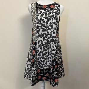 Zara Basic Womens Patchwork Floral Leaf Print Sleeveless Shift Dress Black Small